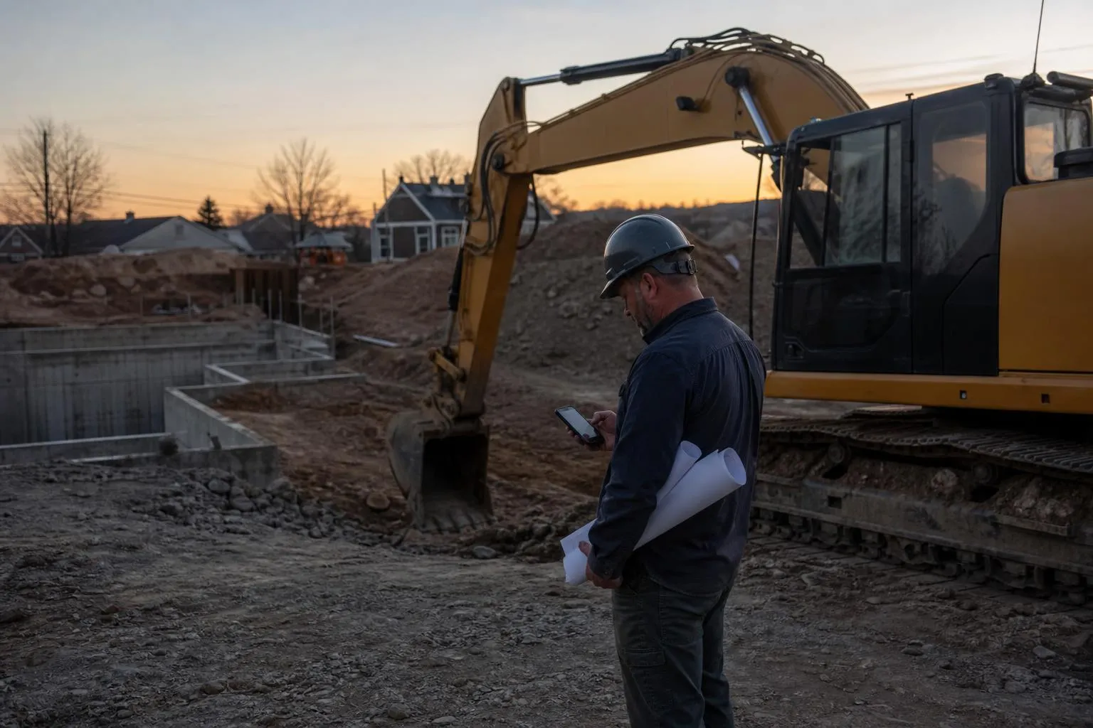 An excavation contractor stands beside a track excavator at a jobsite at dusk, checking his phone with a stack of site plans under his arm, natural documentary style.