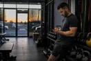 A gym owner stretches near a rack of kettlebells after close, checking his phone under the fading evening light through the front windows, natural documentary style.
