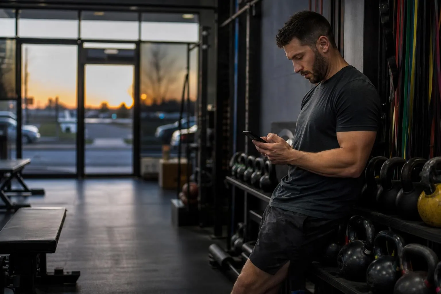 A gym owner stretches near a rack of kettlebells after close, checking his phone under the fading evening light through the front windows, natural documentary style.