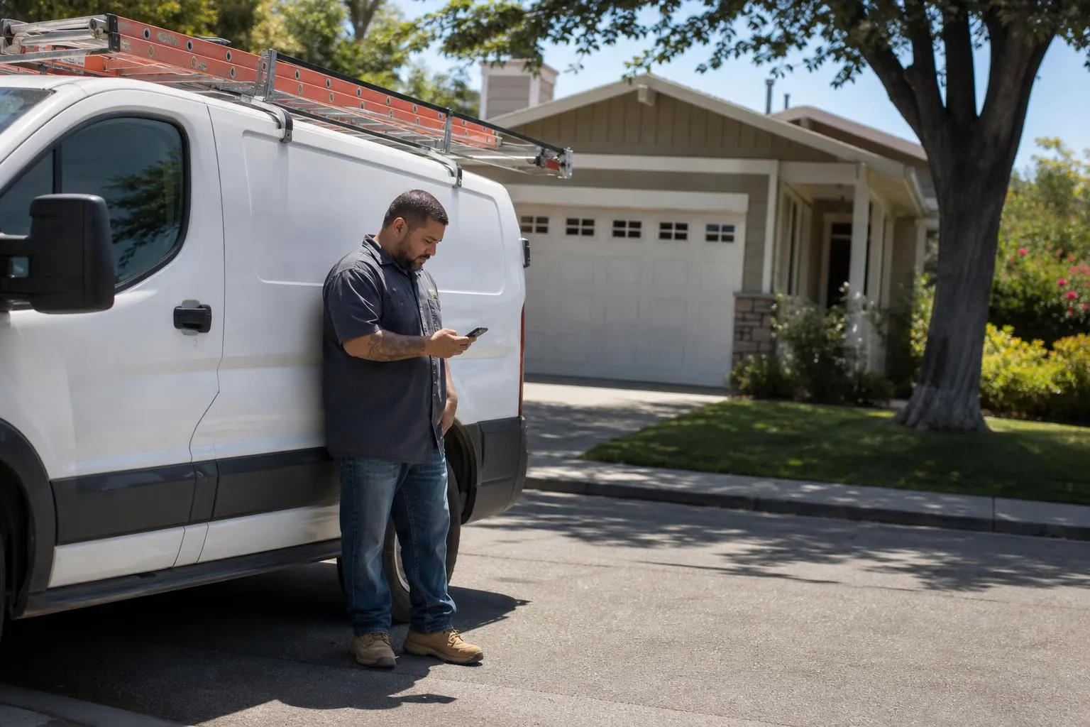An HVAC contractor checks his phone next to a service van parked outside a suburban home on a hot afternoon, natural documentary style.