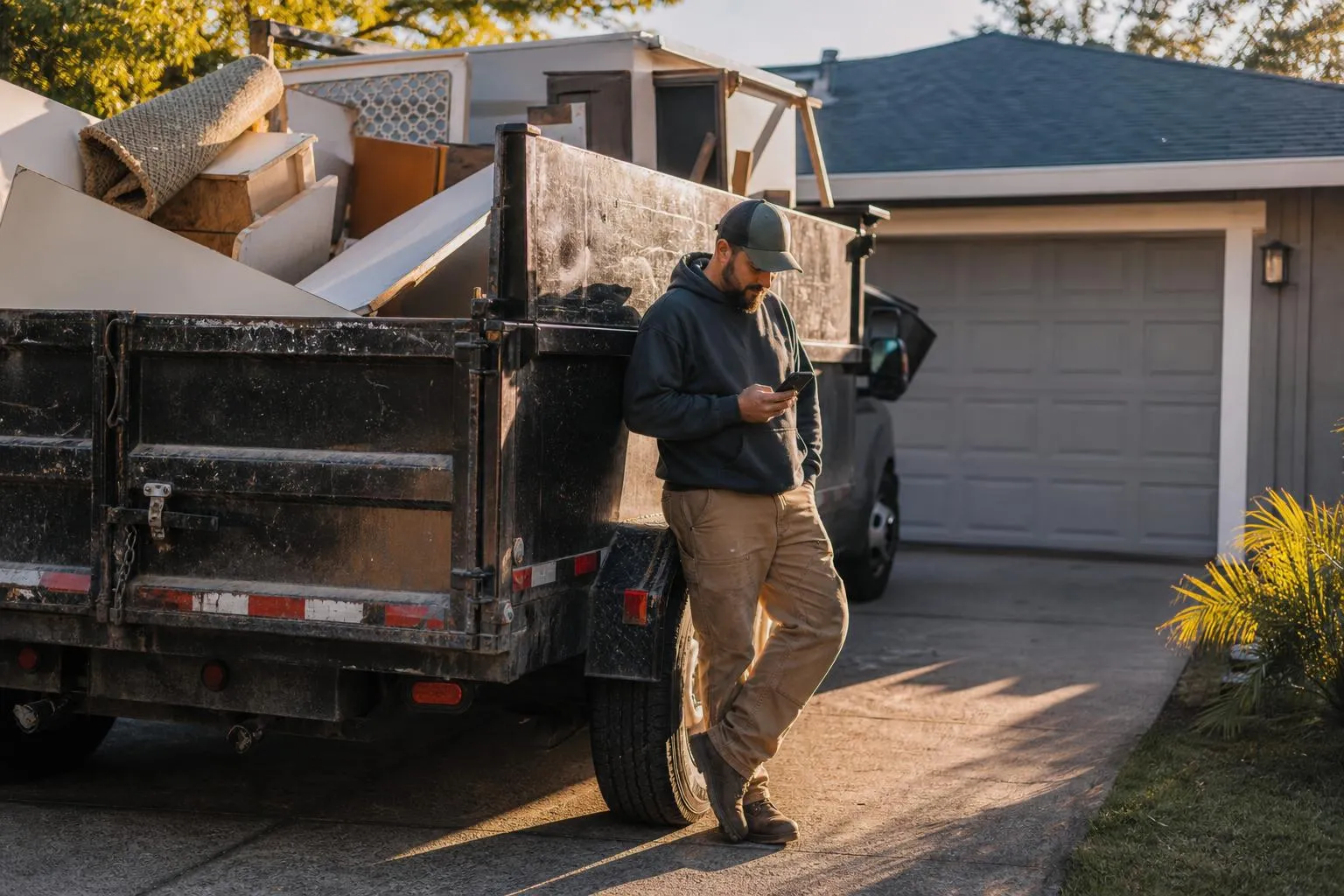 A junk removal crew owner checks his phone beside a loaded hauling truck in a suburban driveway at sunrise, natural documentary style.