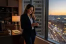 An attorney stands beside her office window at dusk reviewing her phone, a legal pad and coffee on the desk behind her, natural documentary style.