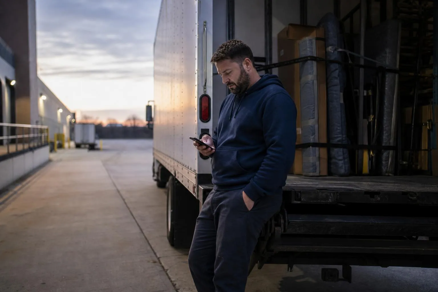 A moving company owner leans against his open truck at a loading dock at dawn, checking his phone before the crew arrives, natural documentary style.