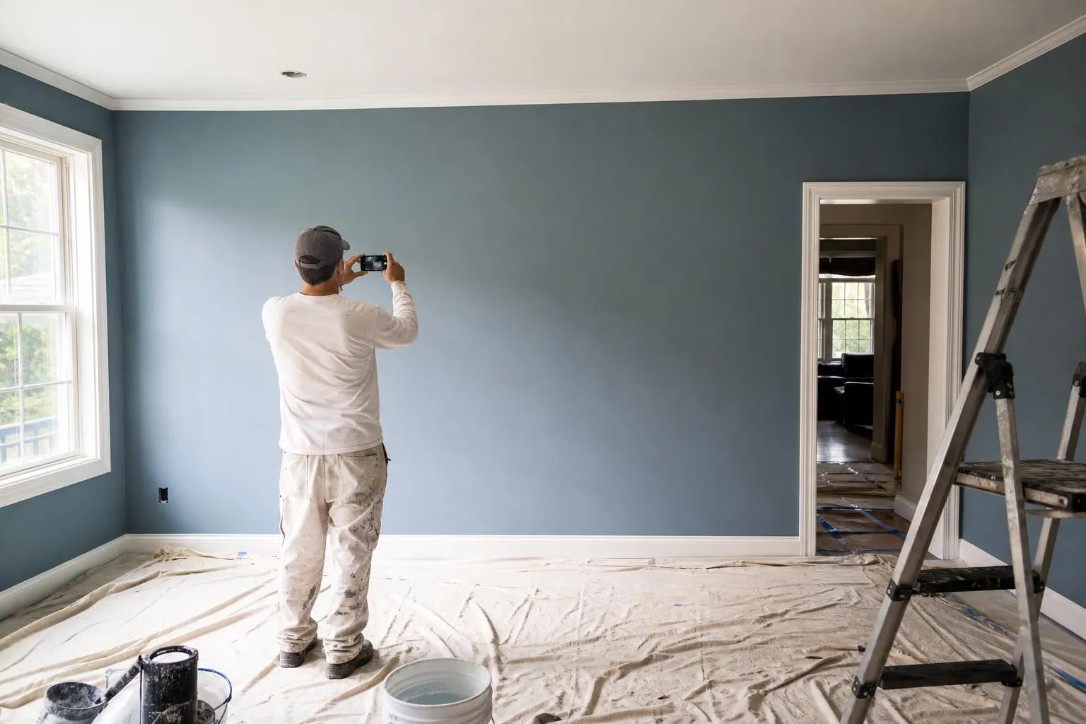 A painter steps back from a freshly painted living room wall to check the color under afternoon light, phone in hand snapping a photo, drop cloths and ladder visible, natural documentary style.