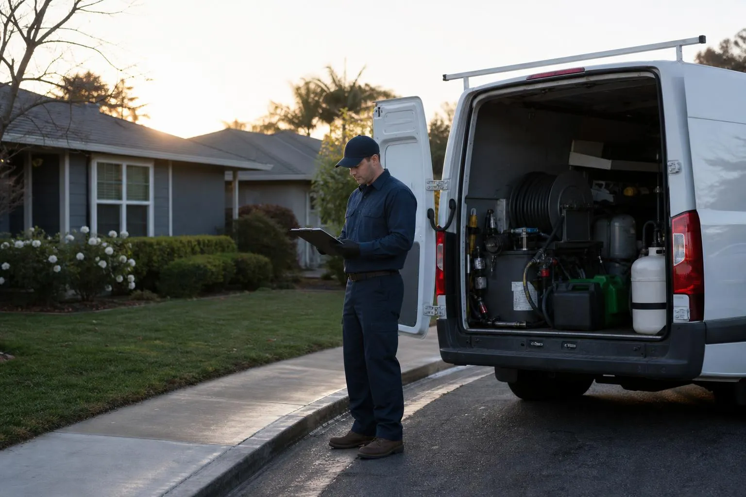A pest control technician checks a clipboard beside his service van outside a suburban home at dawn, sprayer equipment visible in the open van doors, natural documentary style.