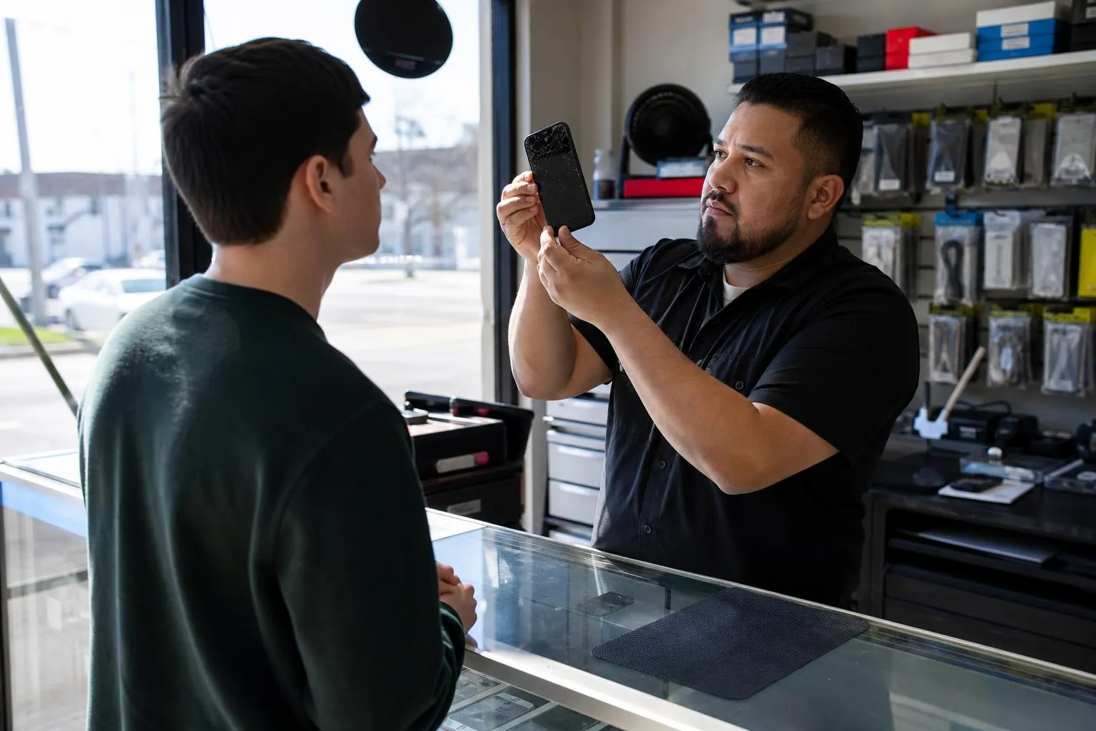A repair shop owner stands at his counter holding a cracked phone up to the light, a customer waiting across the glass, morning light through the storefront window, natural documentary style.