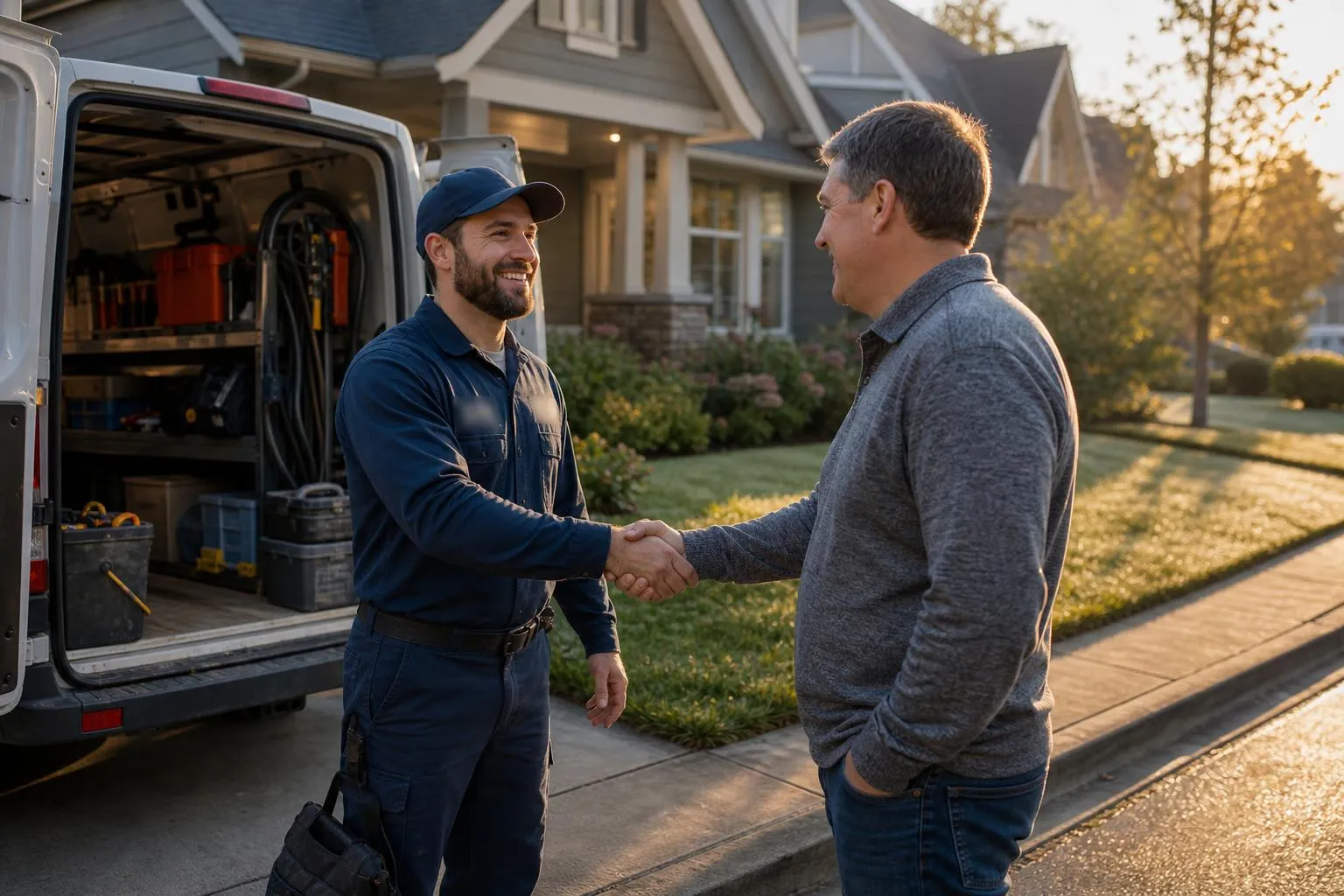 A plumber leans against his service van in a suburban driveway at sunrise, checking his phone over a cup of coffee, natural documentary style.