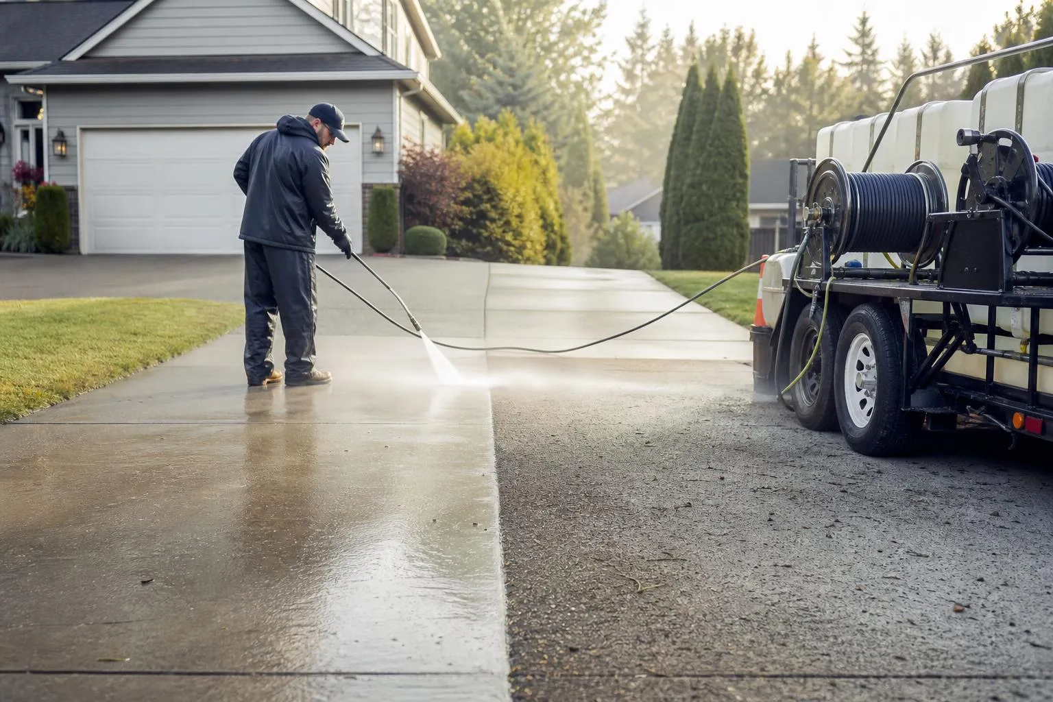 A pressure washer stands on a driveway holding a wand mid-spray on a half-cleaned concrete surface, the clean and dirty halves visible in morning light, trailer and hose reel nearby, natural documentary style.