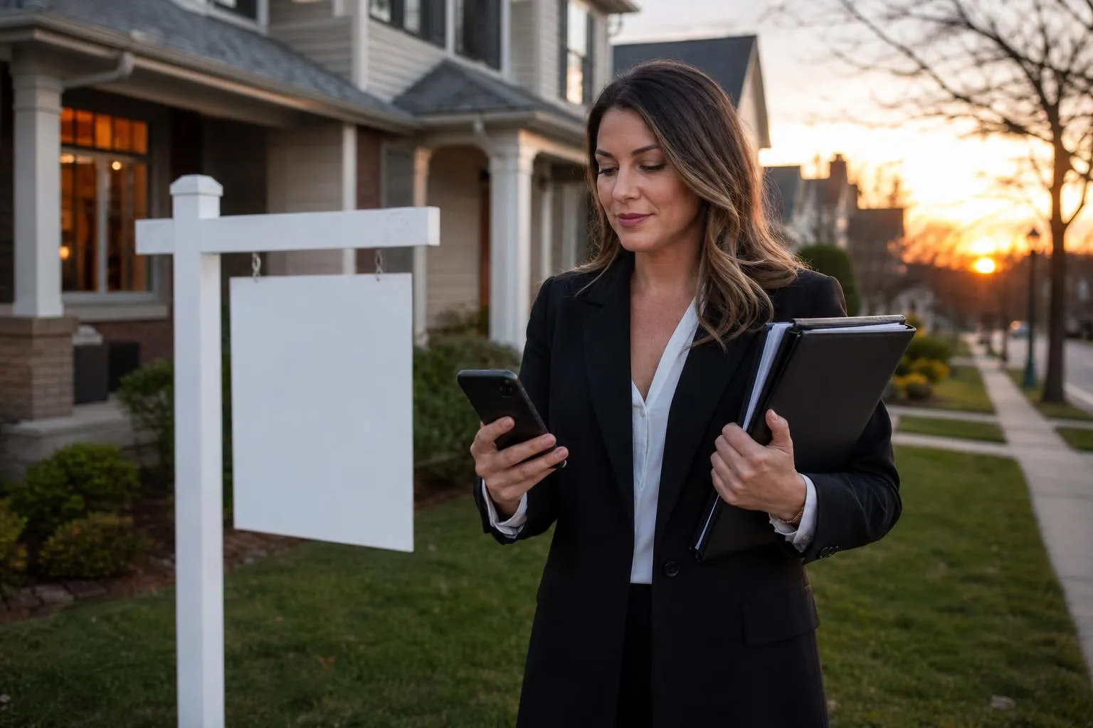A real estate agent stands in front of a house with a sold sign at dusk, checking her phone with a folder of documents under her arm, natural documentary style.