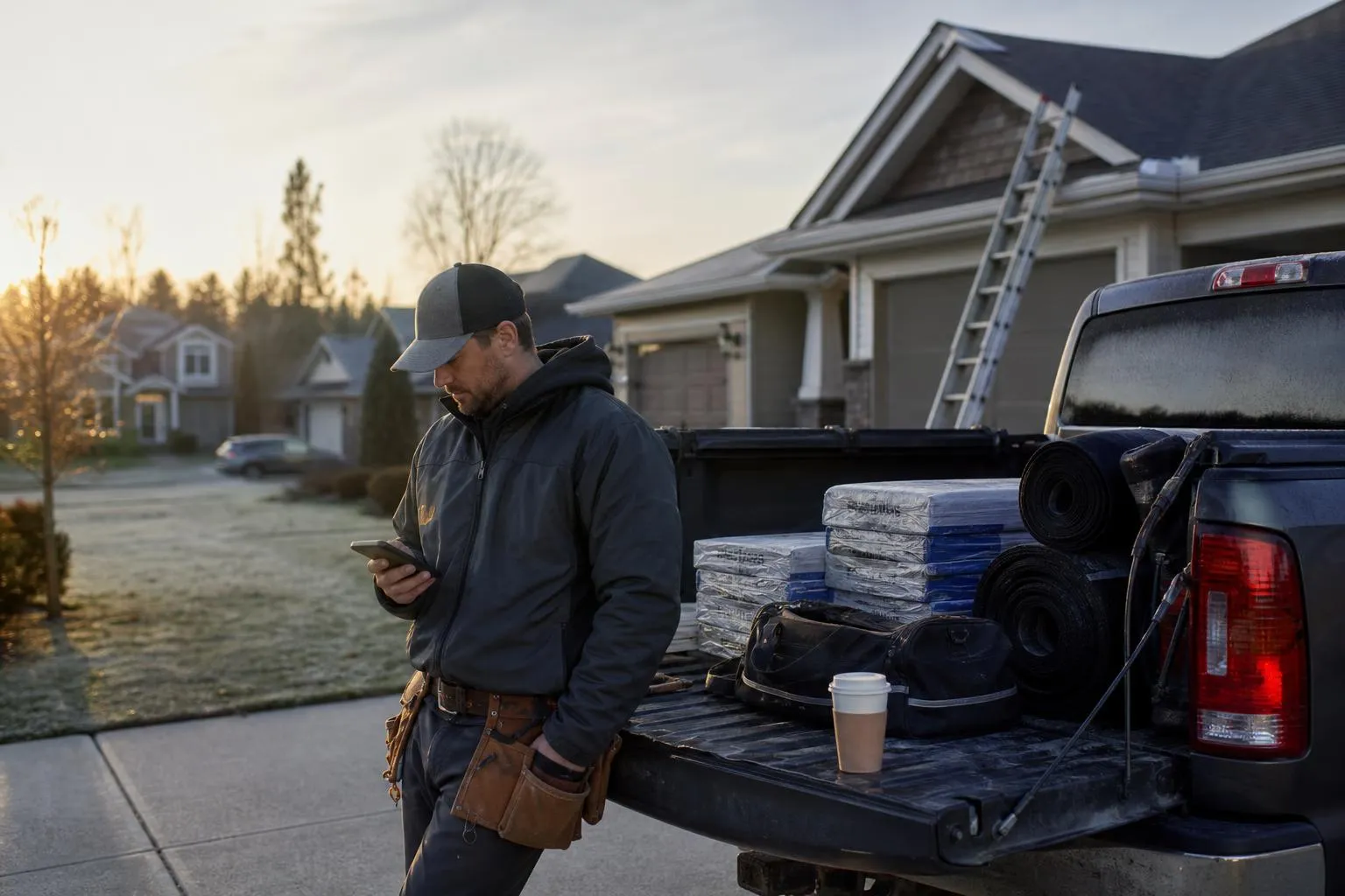A roofing contractor stands beside his pickup truck in a suburban driveway at dawn, checking his phone next to a ladder propped against the house, natural documentary style.