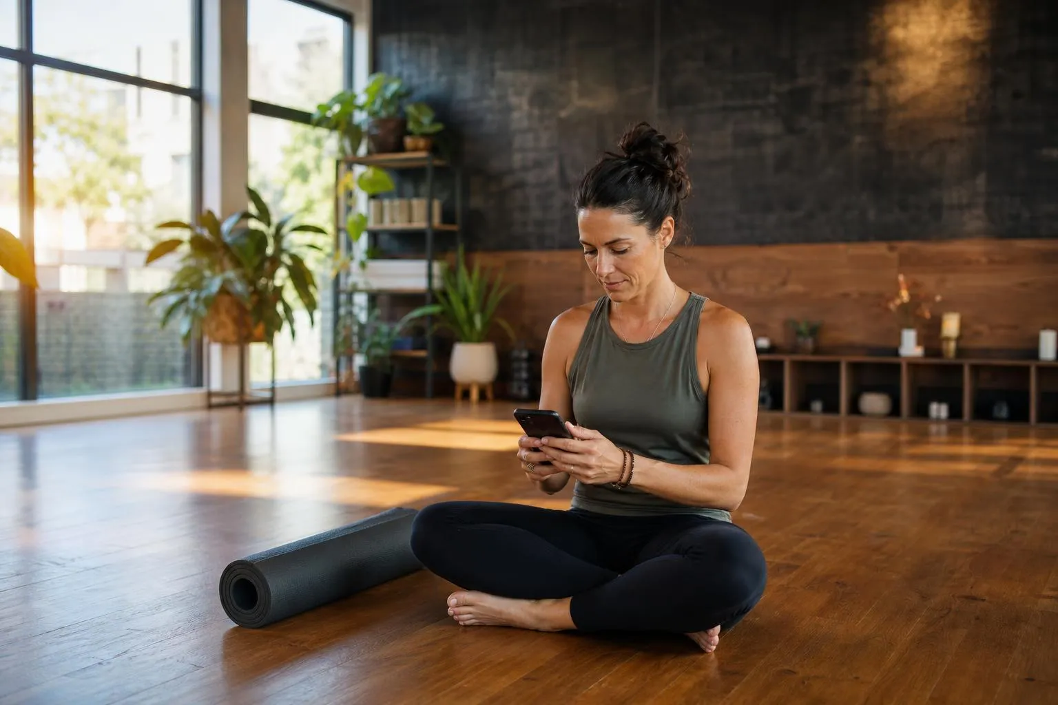 A yoga studio owner checks her phone in a sunlit empty studio before the morning class, mat rolled beside her, natural documentary style.