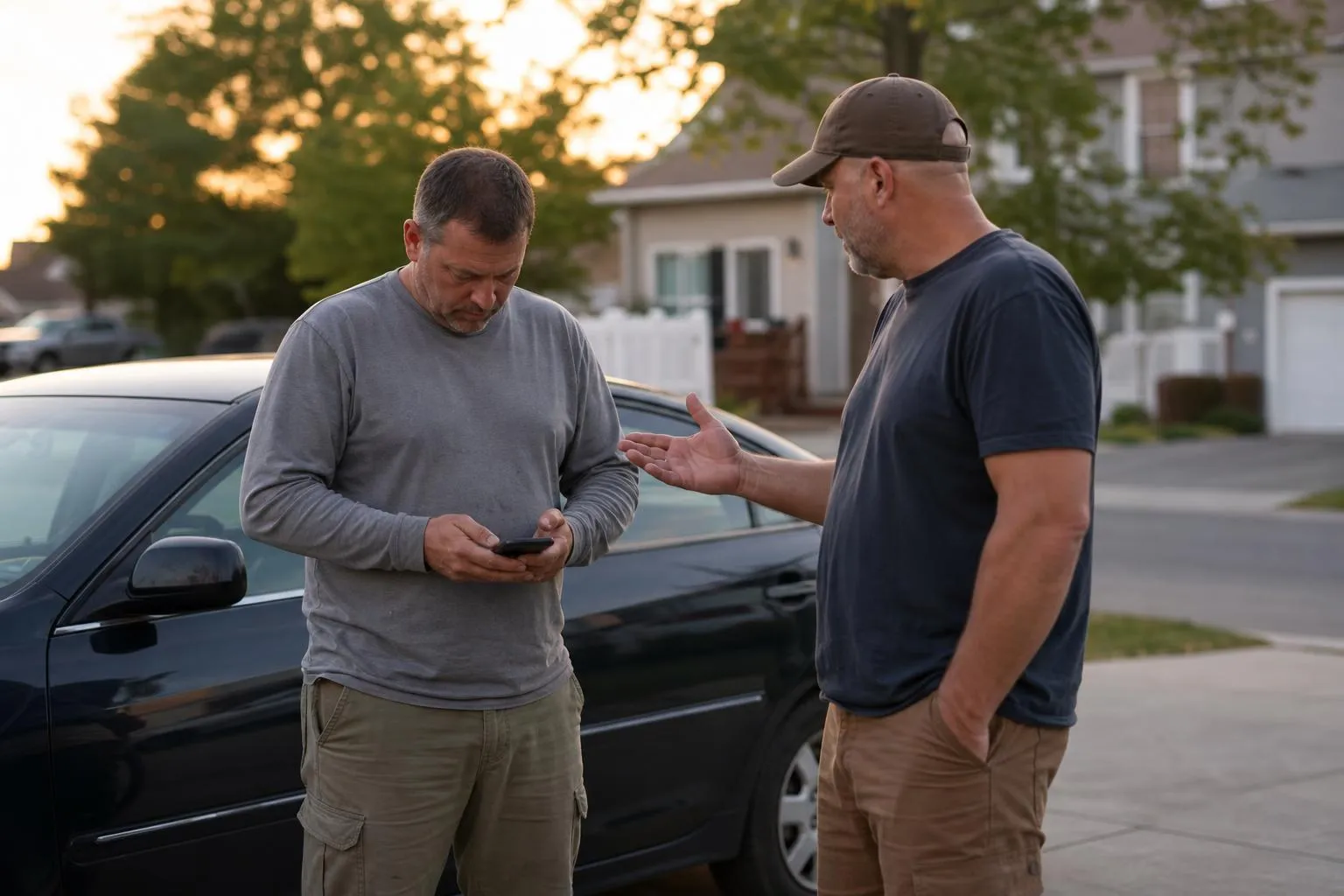 A man checking his phone in a driveway next to a parked car while his neighbor looks on, natural documentary style American suburb.