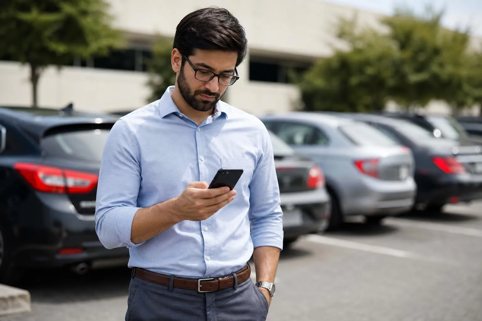 A man in a driveway checking a car dealership website on his phone before visiting the lot his coworker recommended, natural documentary style.