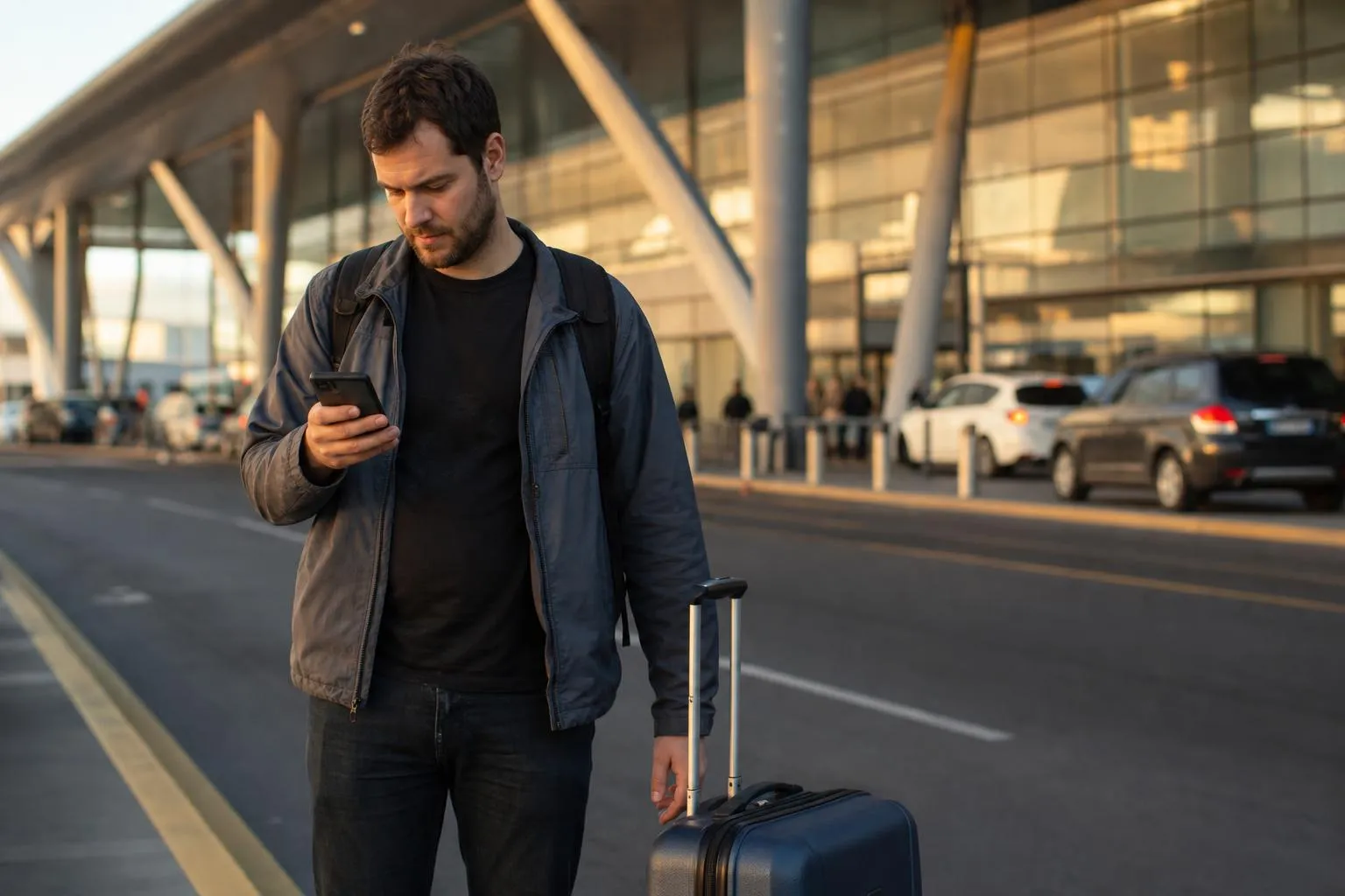 A traveler checking a car rental company's website on his phone at an airport curb after a friend recommended them, natural documentary style.