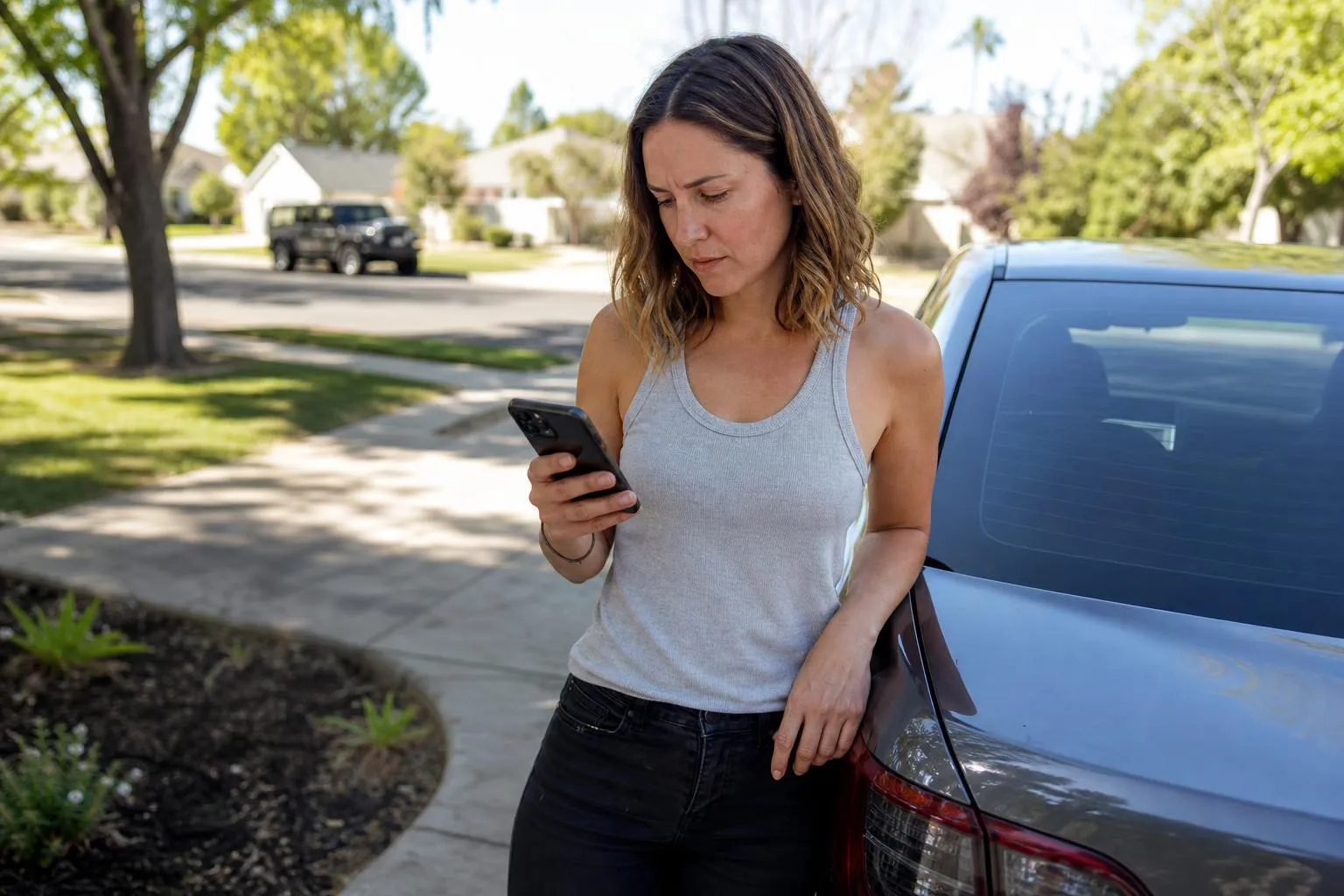 A woman in a driveway checking a car wash website on her phone after a neighbor recommended the unlimited plan, natural documentary style.