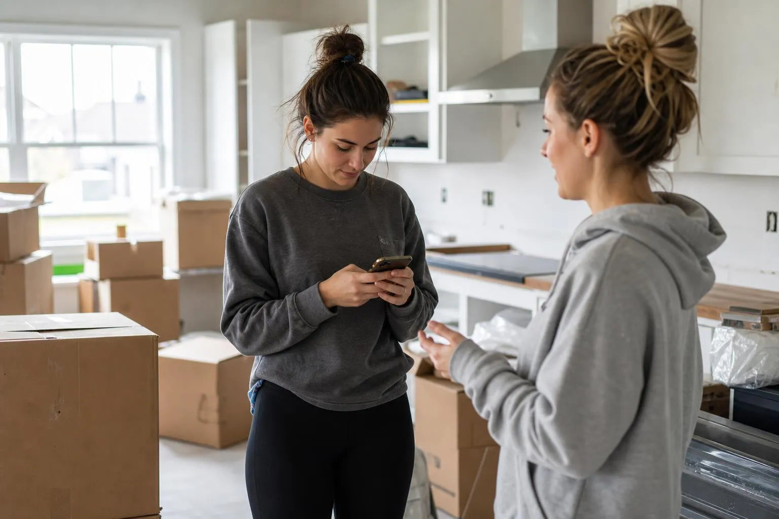 A woman texting on her phone in a bright kitchen while a friend talks nearby, natural documentary style American home.