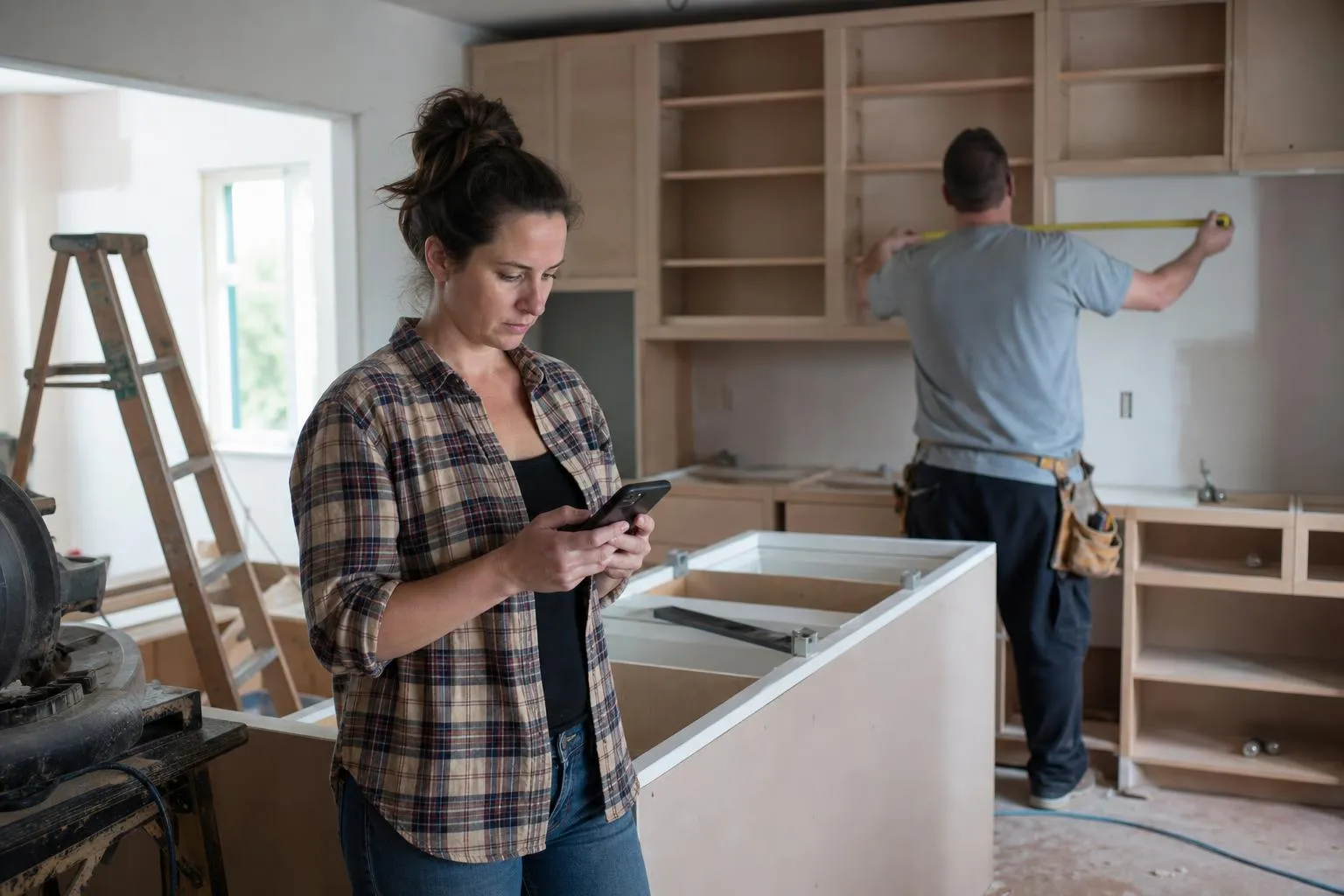 A homeowner standing in her unfinished kitchen looking up a contractor's website on her phone while a builder measures cabinets in the background, natural documentary style.
