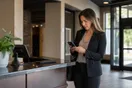 An office manager standing at a reception desk checking her phone before calling a courier service a colleague recommended.