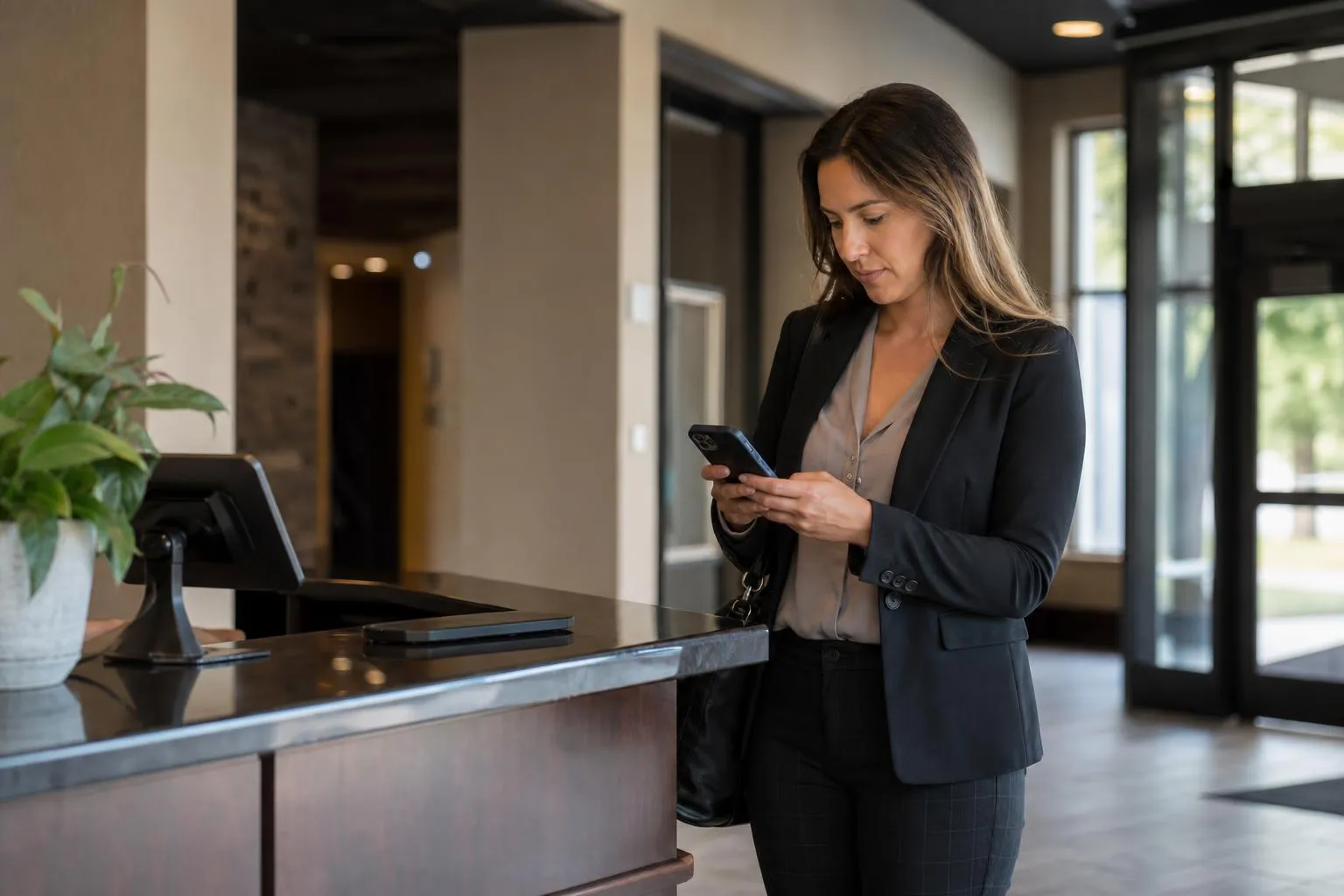 An office manager standing at a reception desk checking her phone before calling a courier service a colleague recommended.