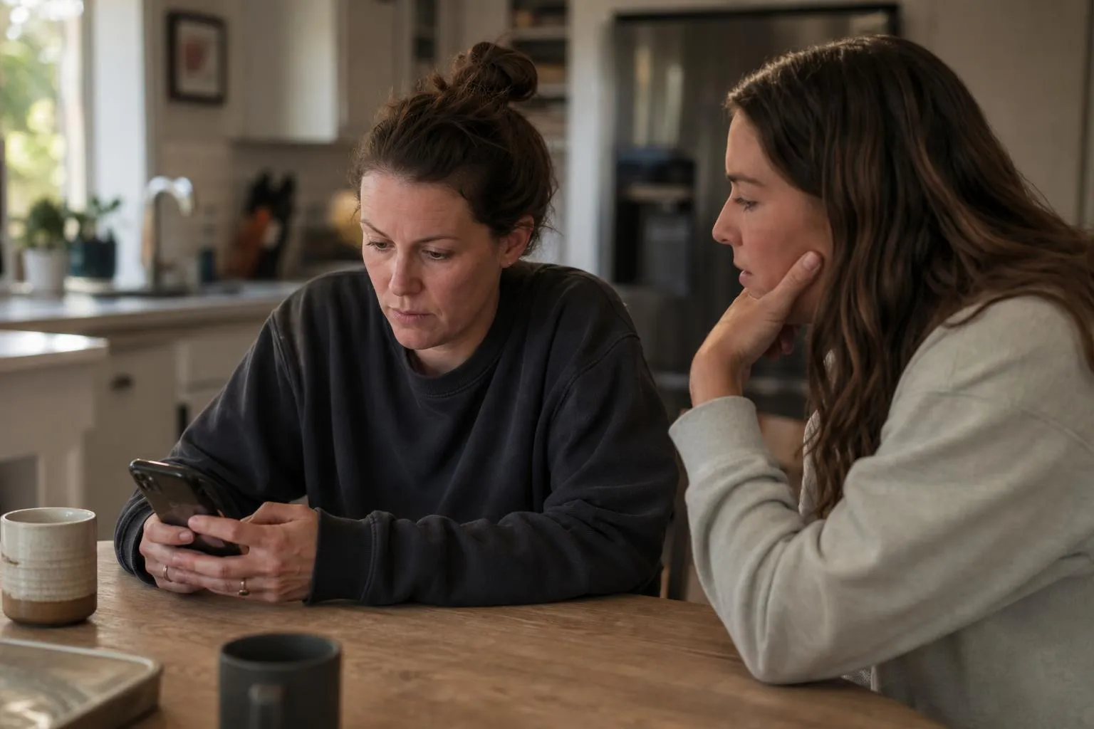 A woman checking her phone at a kitchen table with a friend nearby, natural documentary style American home.
