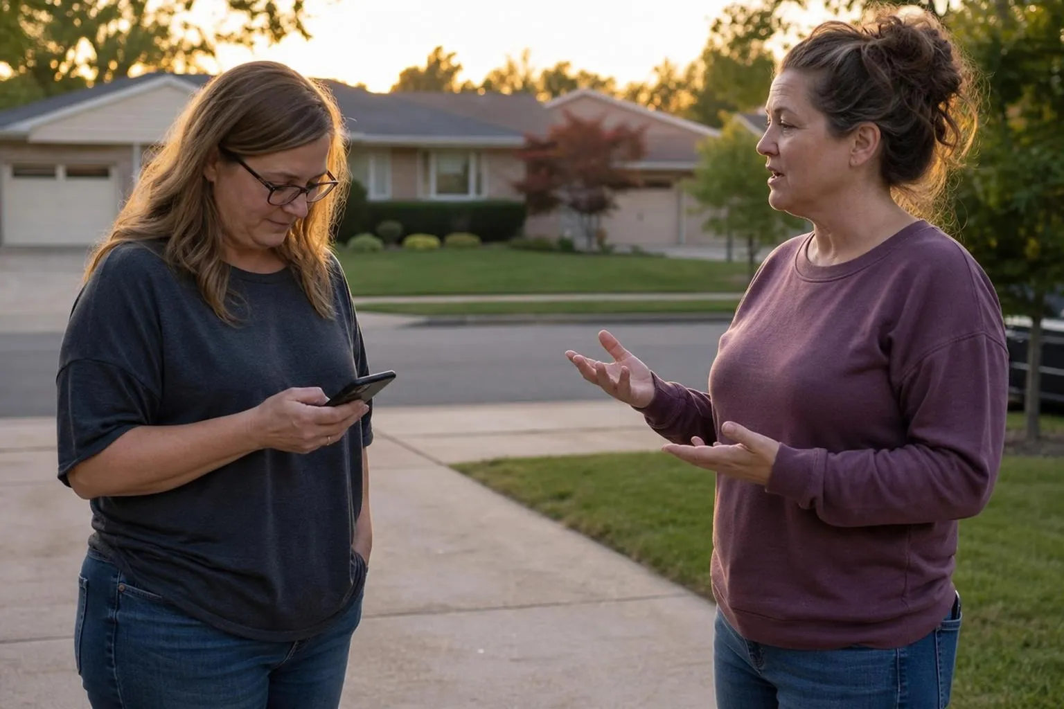 Two neighbors talking in a suburban driveway at dusk while one glances at her phone to look up an electrician, natural documentary style.