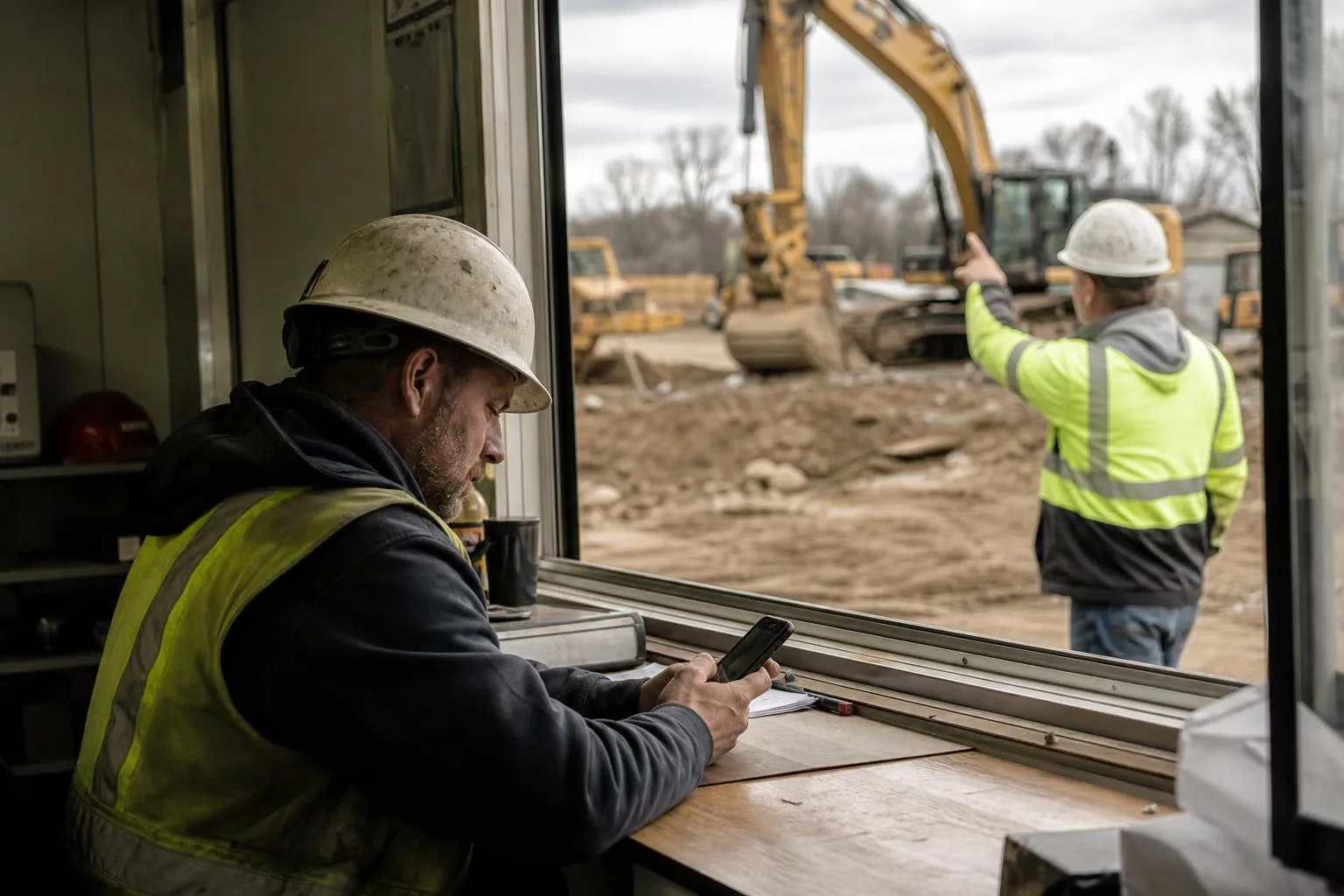 A man in a hard hat checking his phone on a job site while another worker gestures toward the site, natural documentary style.