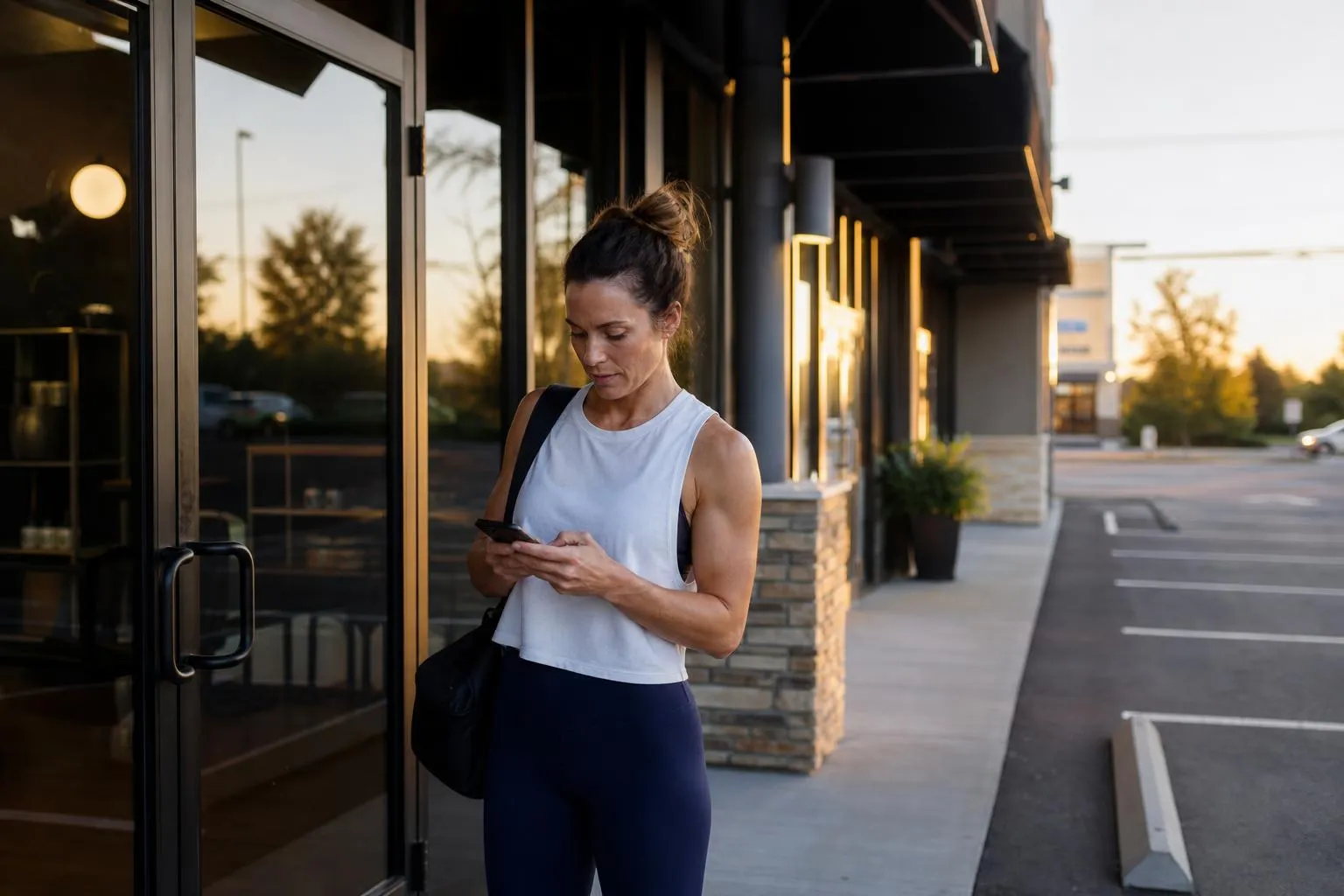 A woman standing outside a gym storefront in the early morning checking her phone before going in for a class.