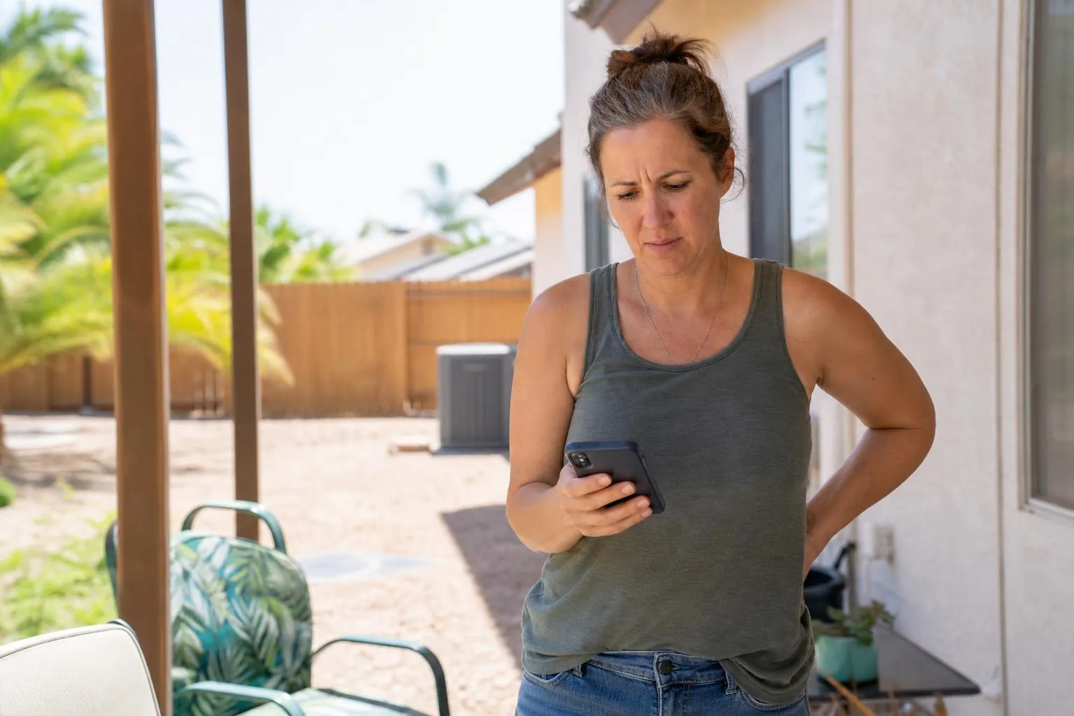 A homeowner on a back porch checking an HVAC company's website on her phone after a neighbor recommended them, natural documentary style.