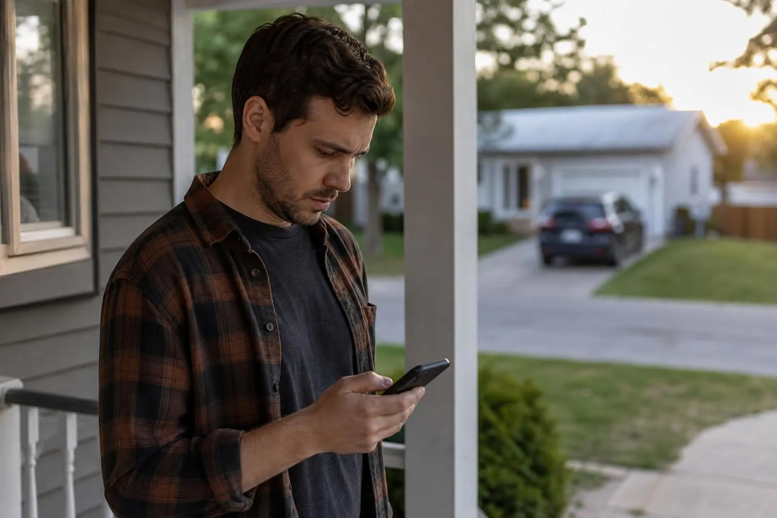 A man on his porch checking a junk removal company's site on his phone after a neighbor recommended them, natural documentary style.