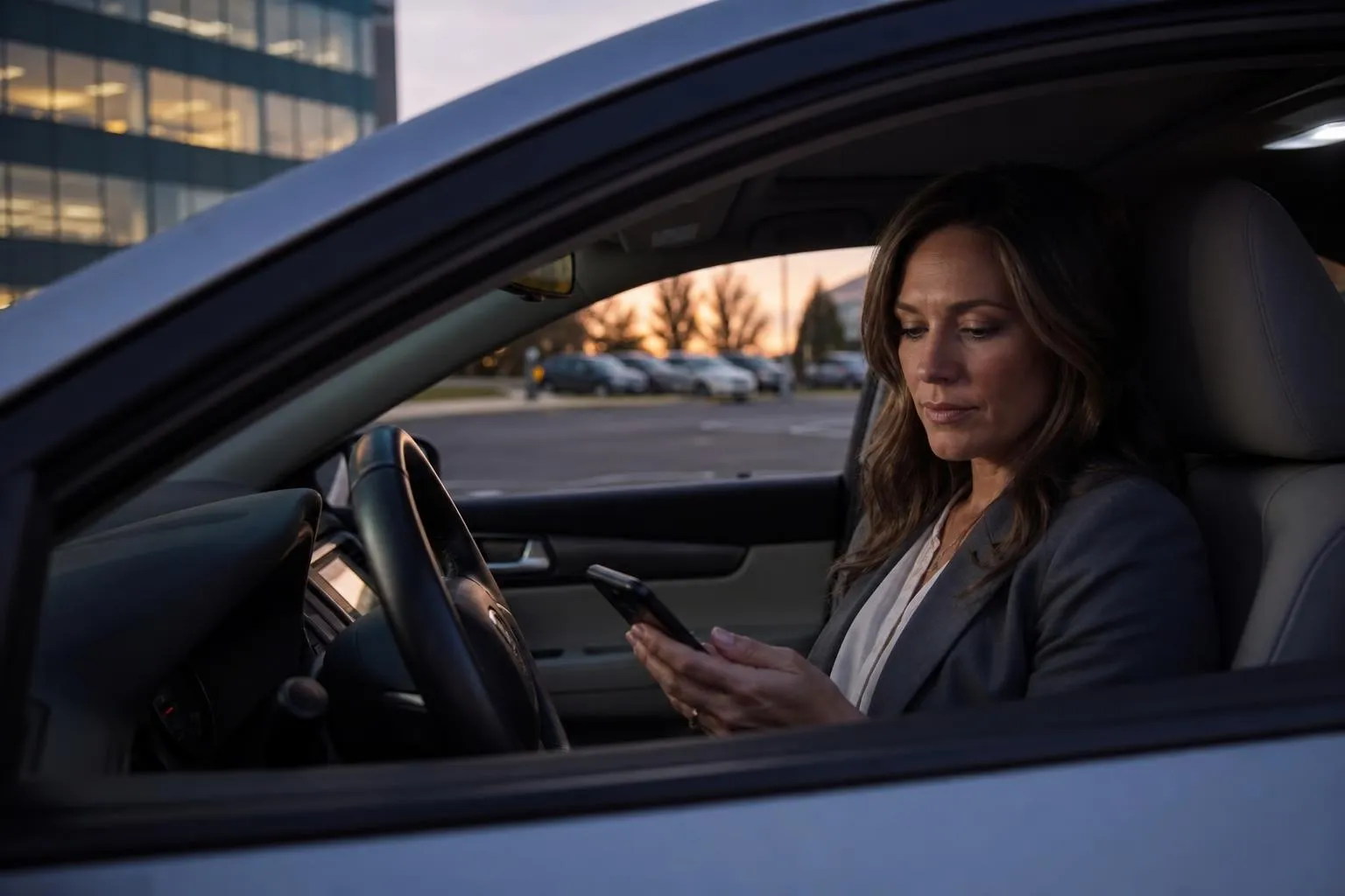 A woman sitting in her parked car outside an office building at dusk, scrolling her phone before dialing a recommended attorney.