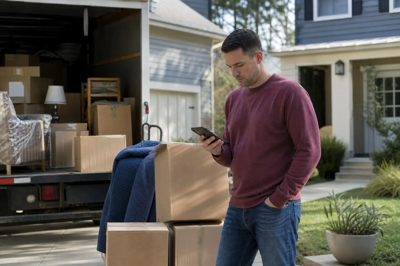 A man standing in a driveway beside moving boxes, checking his phone before calling a mover his neighbor recommended.