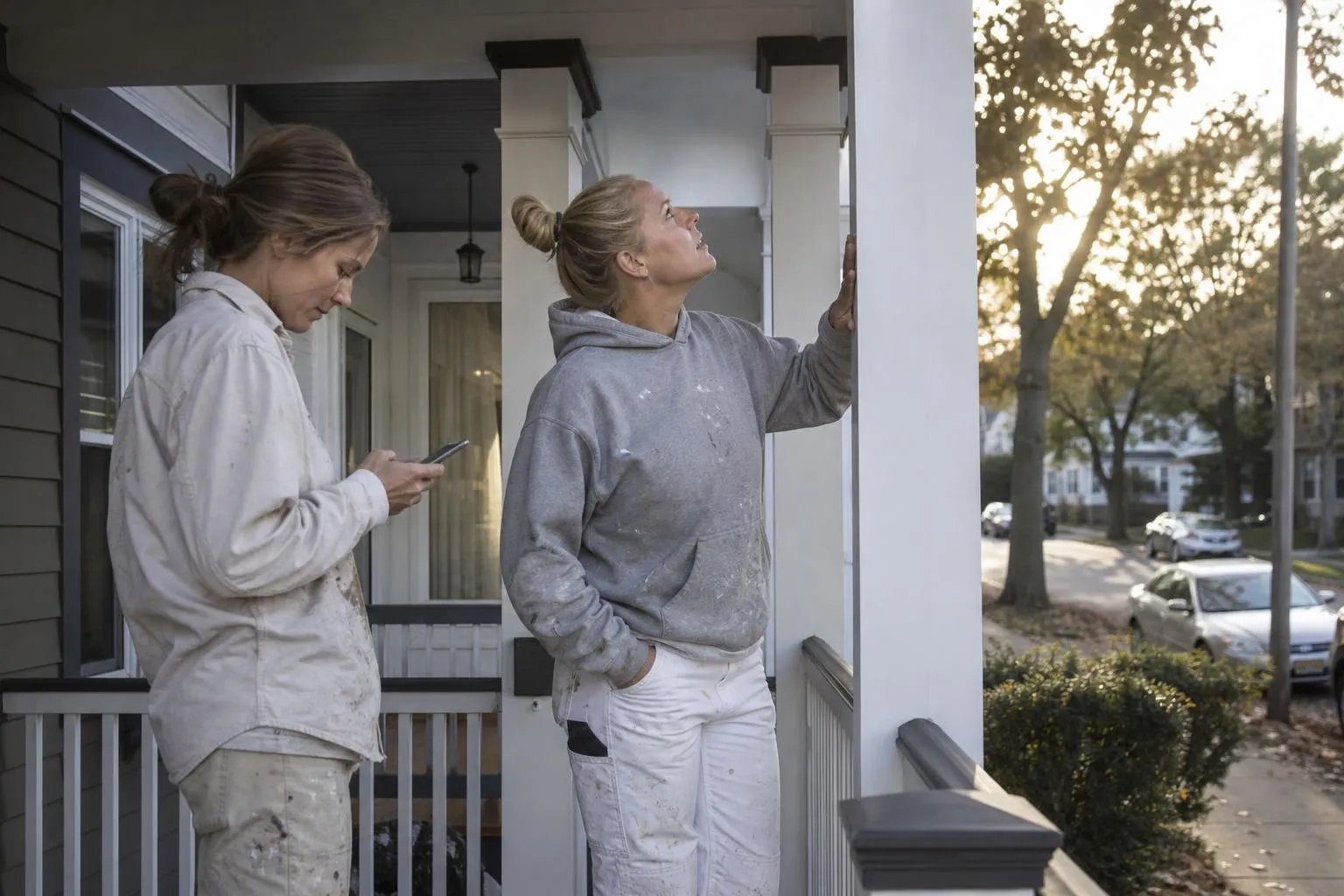 A homeowner and her neighbor standing on a porch admiring freshly painted exterior trim while one looks up a painting company on her phone, natural documentary style.