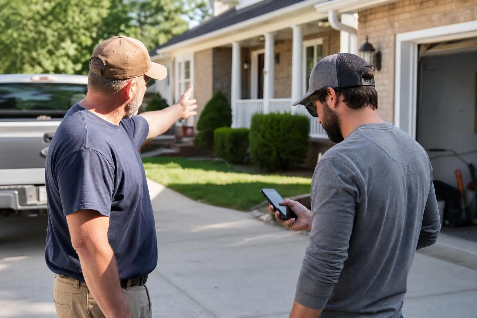 Two neighbors talking in a driveway about an ant problem while one looks up a pest control company on her phone, natural documentary style suburban morning.