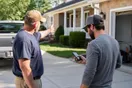 Two neighbors talking in a driveway about an ant problem while one looks up a pest control company on her phone, natural documentary style suburban morning.