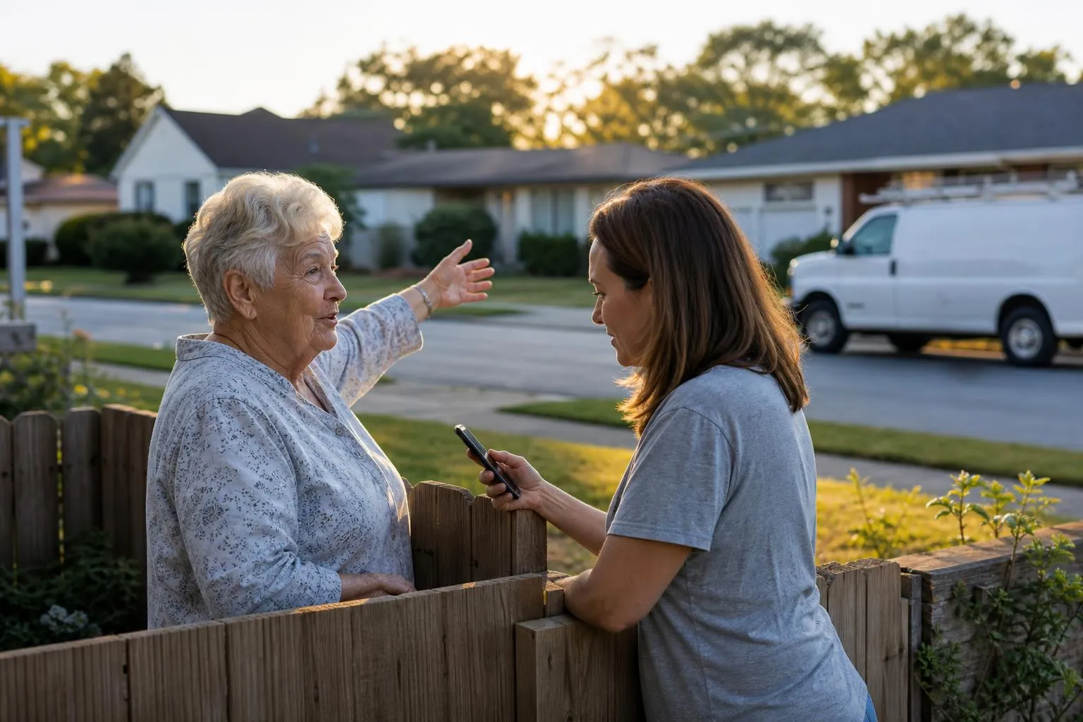 Two neighbors talking over a backyard fence in an American suburb while one looks up a plumber on her phone, natural documentary style.