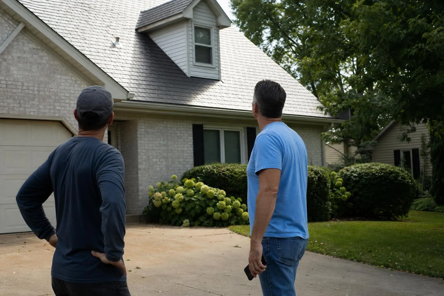 A homeowner showing off a freshly cleaned driveway to a neighbor while the neighbor checks a pressure washing company's name on his phone, natural documentary style suburban weekend.