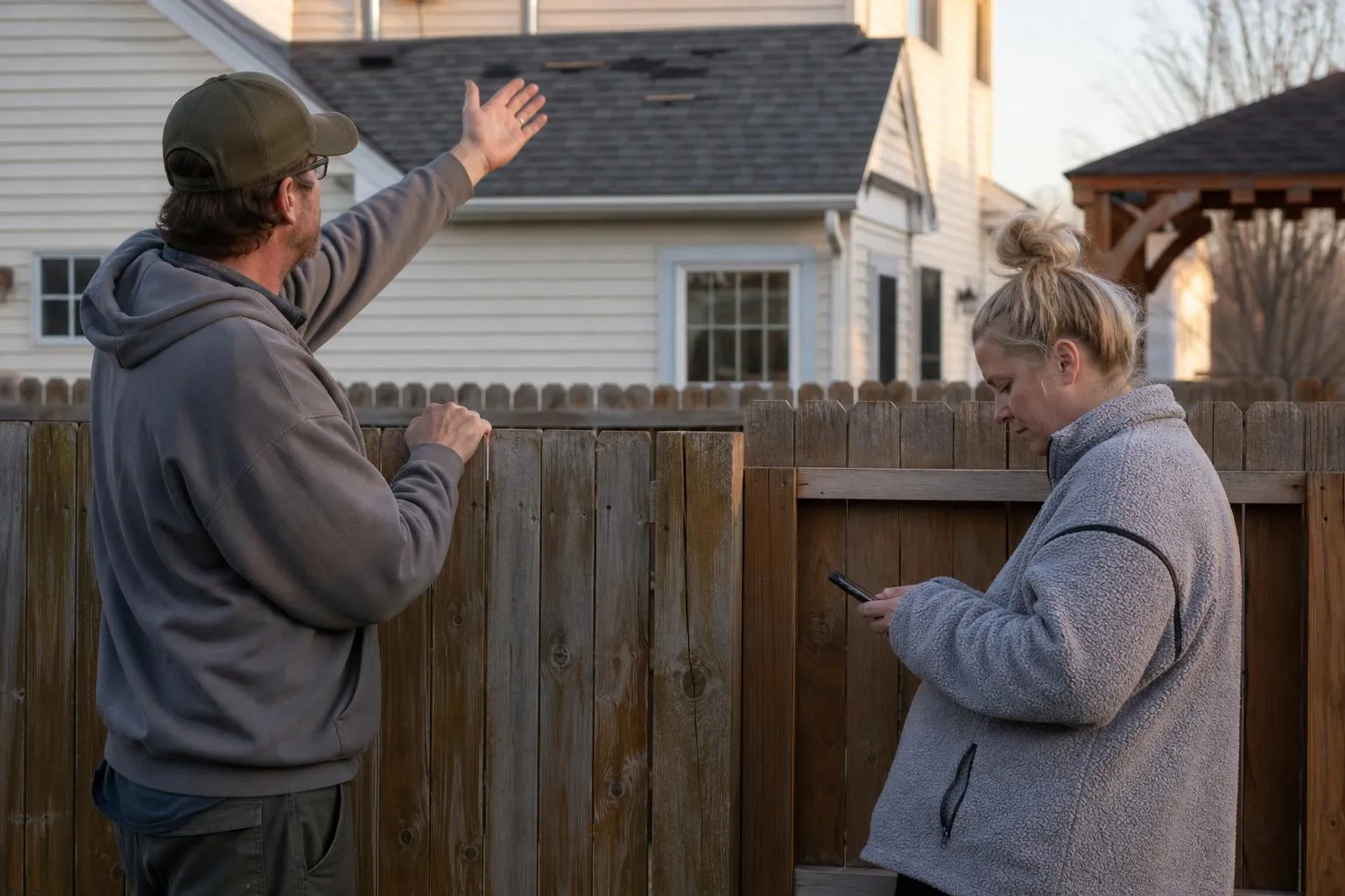 Two neighbors talking over a backyard fence in an American suburb, one pointing up at a storm-damaged roof while the other looks up a roofer on her phone, natural documentary style.