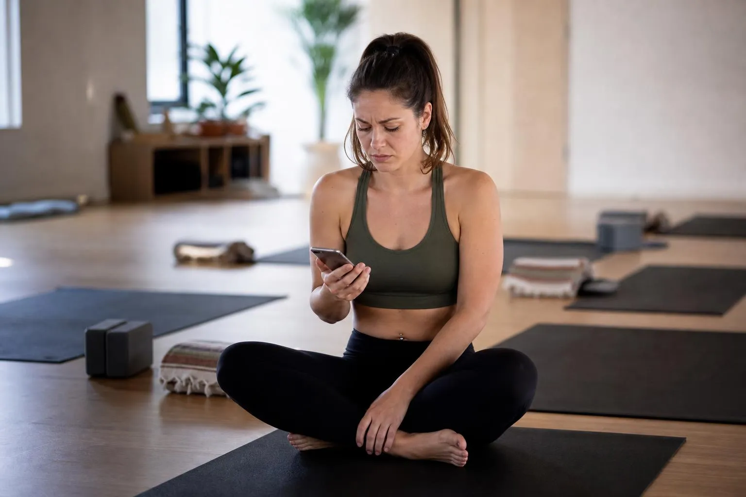 A woman checking a yoga studio's website on her phone while sitting on her mat before class, natural documentary style, soft morning light.