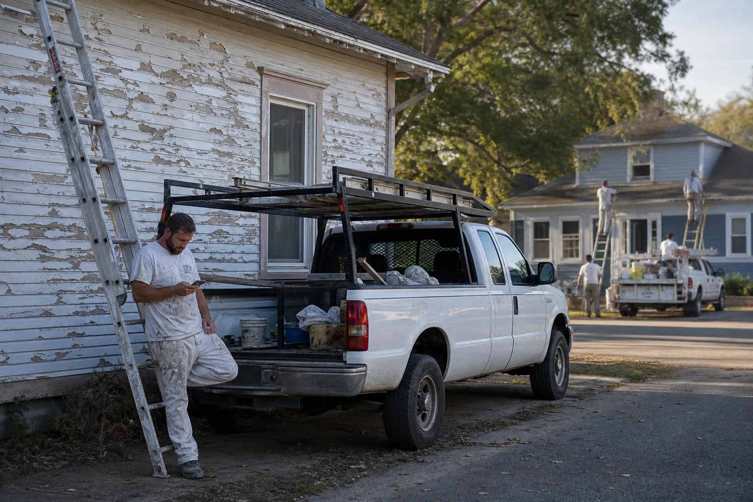 A painter stands beside his ladder and parked truck outside a house checking his phone while a competitor's crew works a repaint down the block, in a natural documentary style.