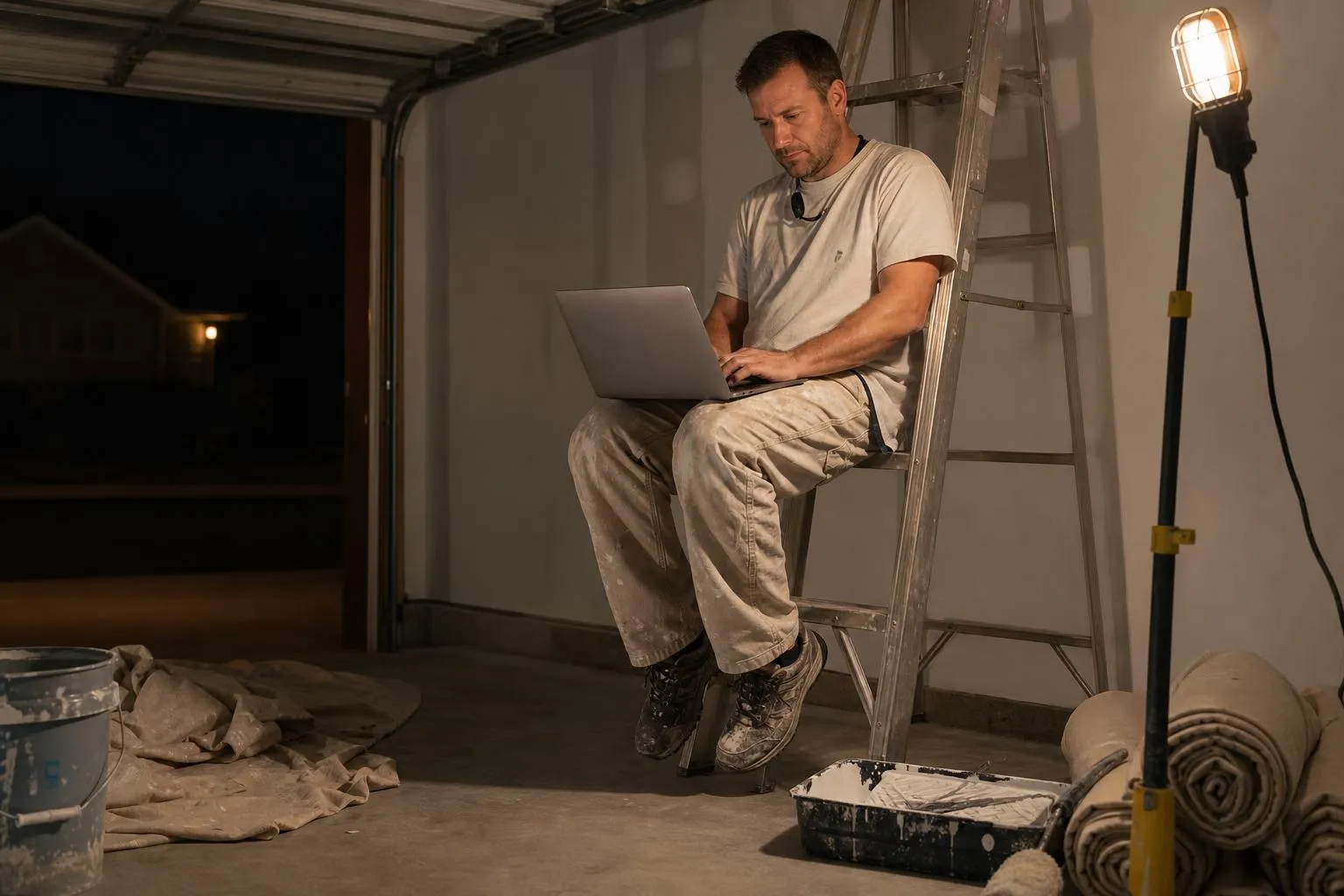 A painting contractor sitting on a ladder rung in his garage at night, checking a laptop next to rolled drop cloths and a paint tray.