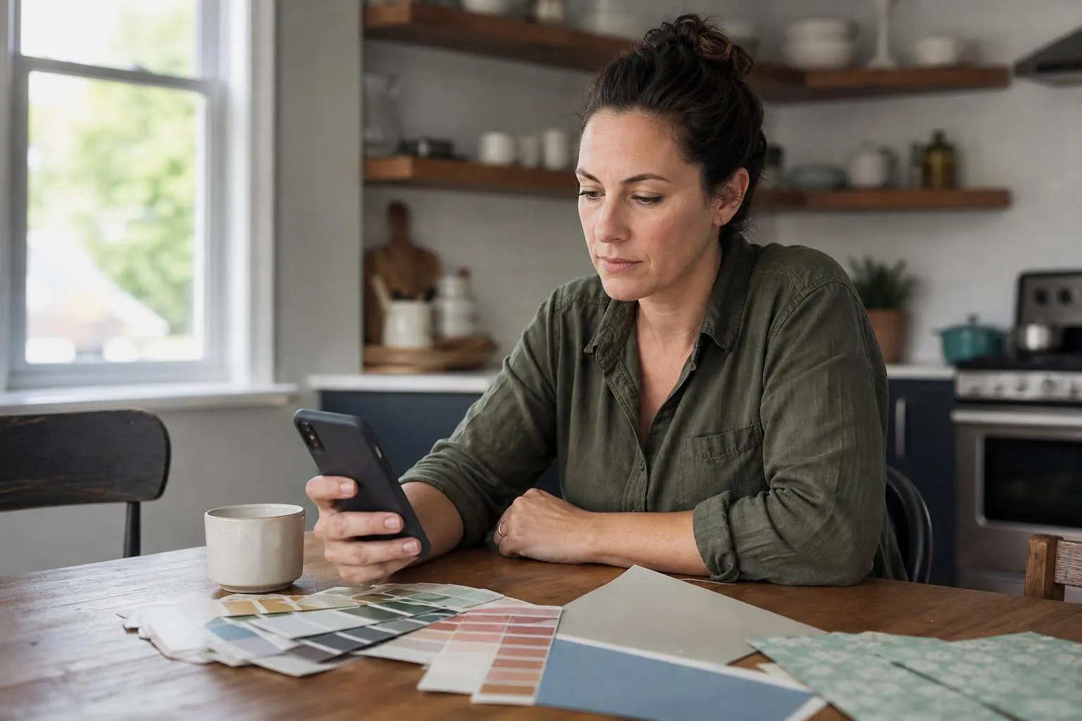 A homeowner sits at a kitchen table scrolling through painter websites on a phone with paint swatches spread out nearby, in soft afternoon light.