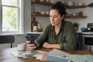 A homeowner sits at a kitchen table scrolling through painter websites on a phone with paint swatches spread out nearby, in soft afternoon light.