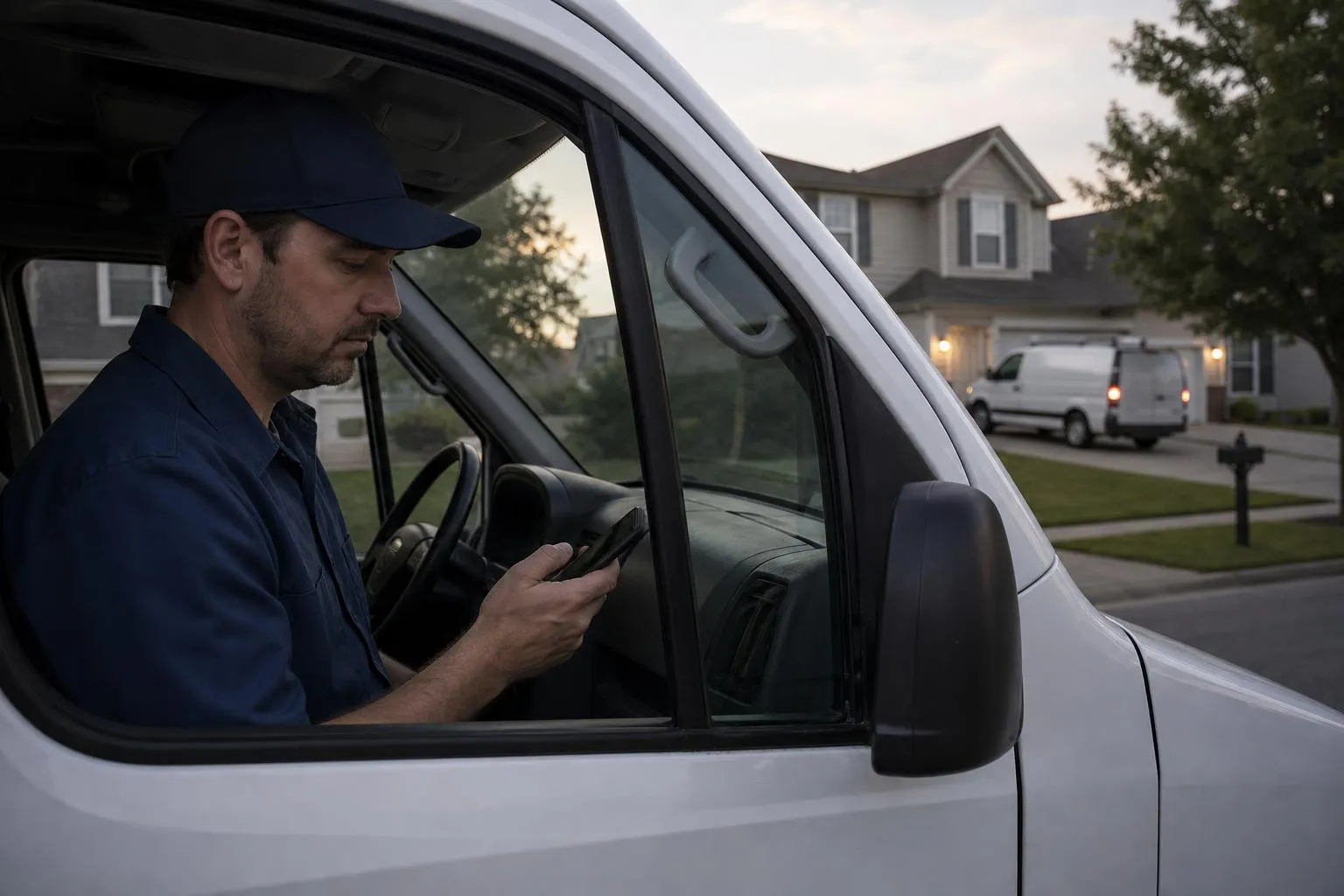 A pest control technician sits in his parked service truck outside a house checking his phone while a competitor's van pulls into a driveway across the street, in a natural documentary style.