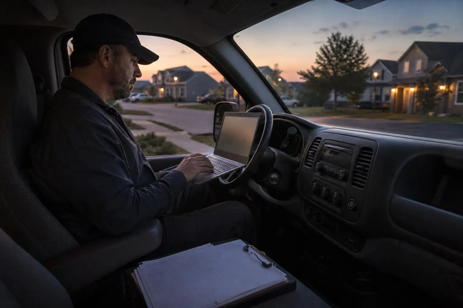 A pest control technician sitting in his branded van at dusk, checking a laptop with a clipboard of route stops on the passenger seat.