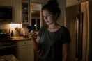 A person stands in a kitchen at night holding a phone up to the light near a countertop, documentary style natural lighting.