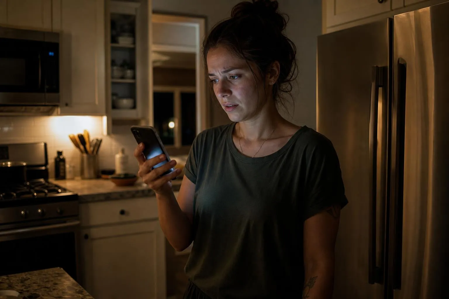A person stands in a kitchen at night holding a phone up to the light near a countertop, documentary style natural lighting.