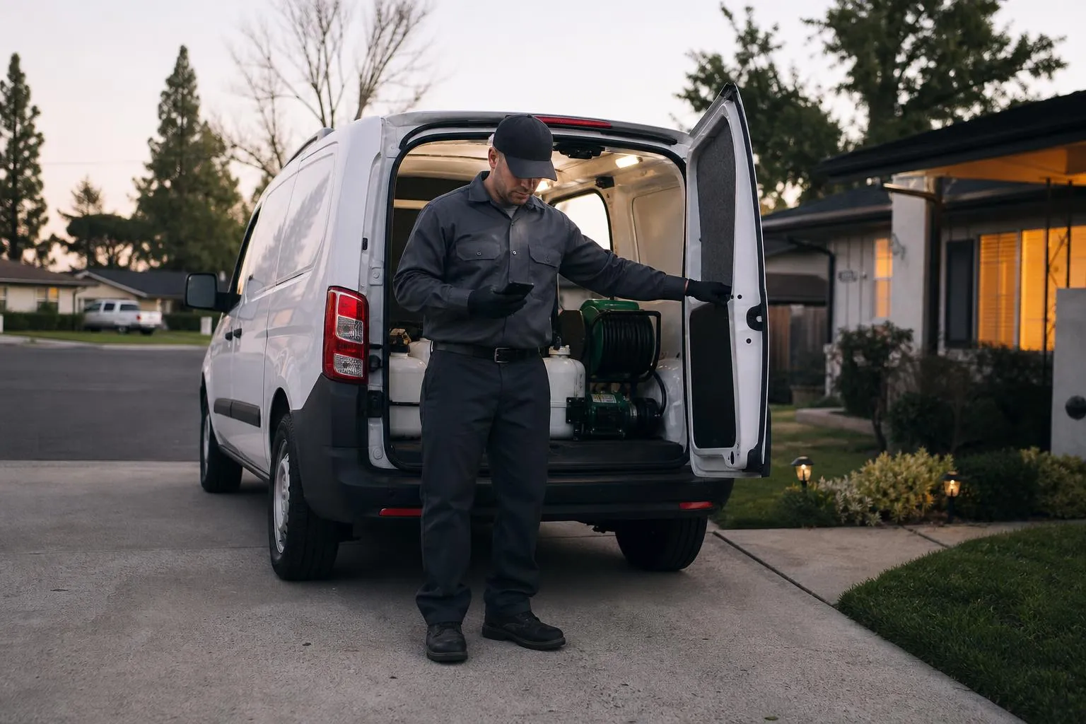 A pest control technician closes up his service van in a suburban driveway at dusk, glancing at his phone before heading home.