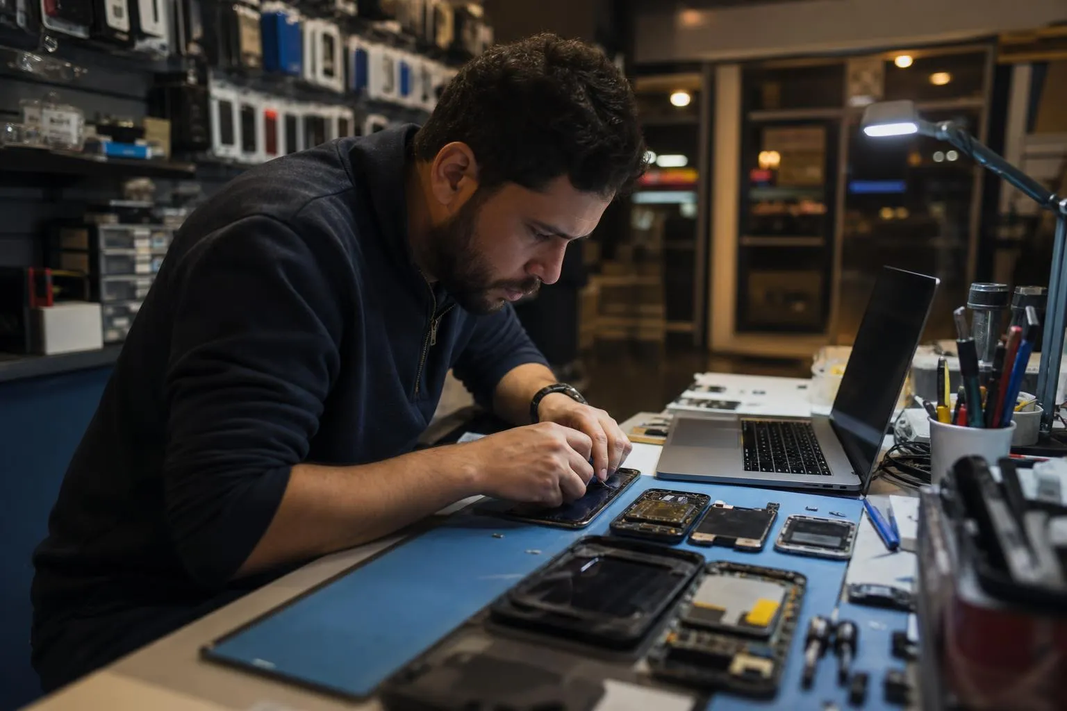A phone repair shop owner leaning over his workbench at closing time, typing on a laptop next to a tray of disassembled phones.
