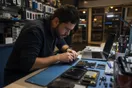 A phone repair shop owner leaning over his workbench at closing time, typing on a laptop next to a tray of disassembled phones.