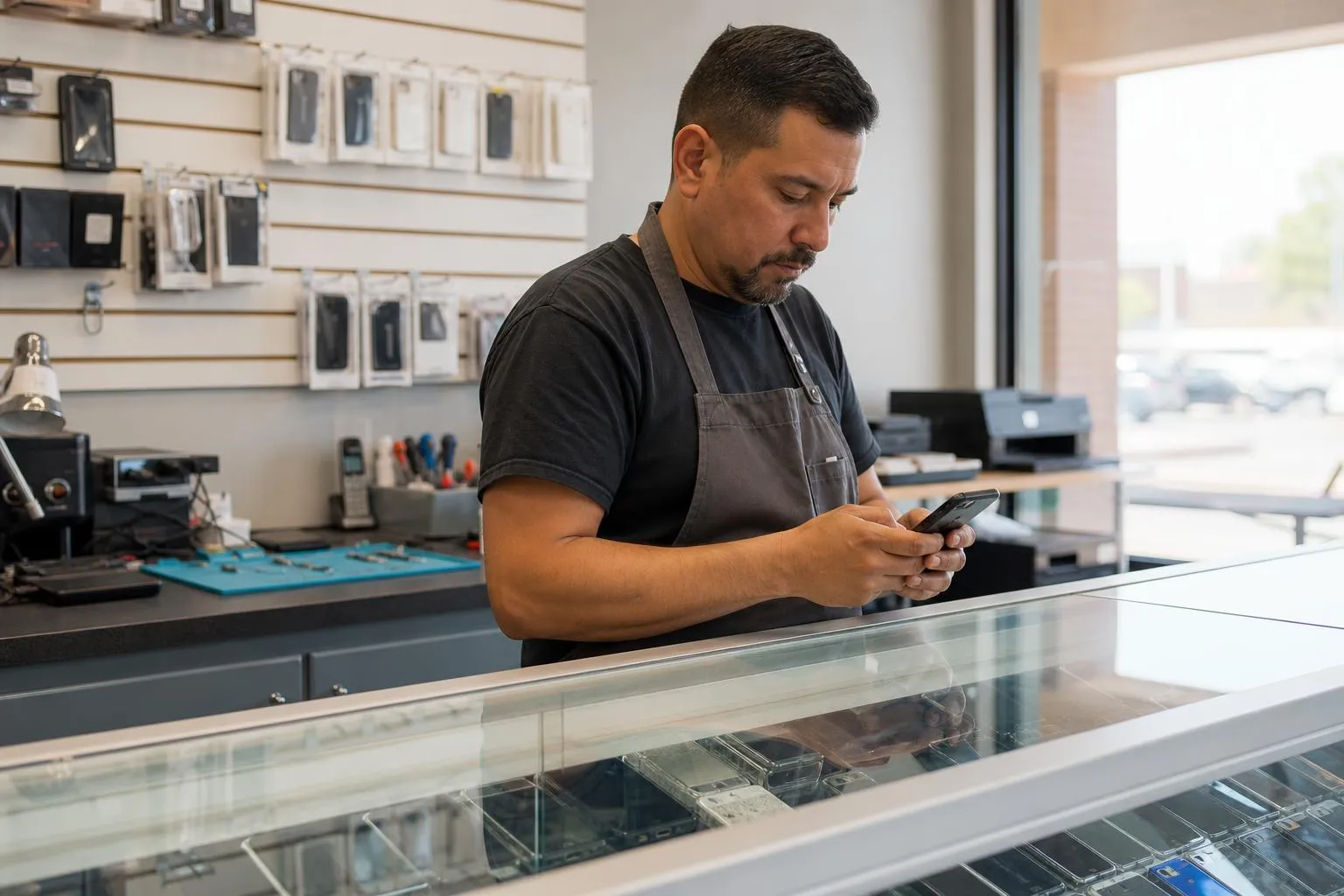 A repair shop owner stands behind his counter checking his phone near a display case of devices during a slow afternoon.